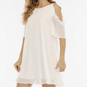 Roiii Bright White Chiffon Cold Shoulder Dress with Embroidered Trim Size 2XL